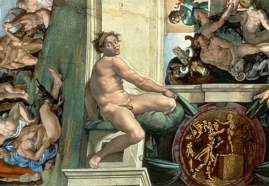Sistine Chapel Ceiling (1508-12) detail of one of the ignudi (detail of 167695) a Michelangelo Buonarroti
