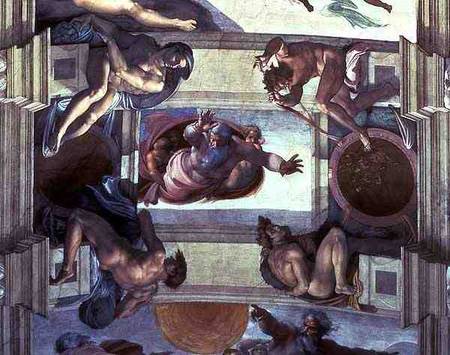 Sistine Chapel Ceiling: God Separating the Land from the Sea, with four Ignudi a Michelangelo Buonarroti