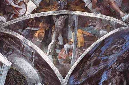 Sistine Chapel Ceiling: Haman (spandrel) (pre restoration) a Michelangelo Buonarroti