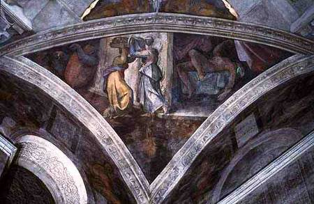 Sistine Chapel Ceiling: Judith Carrying the Head of Holofernes (spandrel) (pre restoration) a Michelangelo Buonarroti