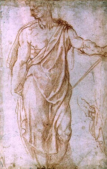 Sketch of a man holding a staff and a study of a hand a Michelangelo Buonarroti