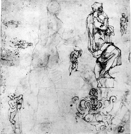 Sketches of male nudes, a madonna and child and a decorative emblem  & ink and a Michelangelo Buonarroti