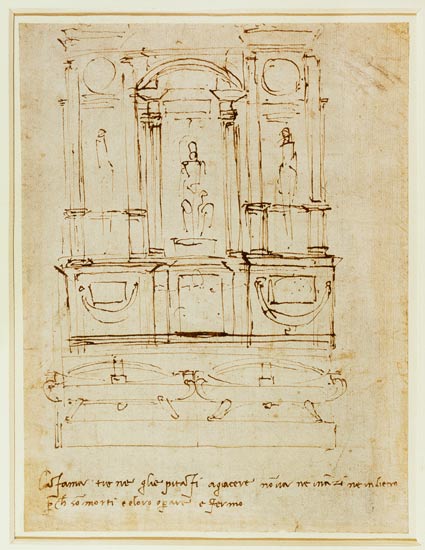 Inv.1859-6-25-543.recto (w.28) Study for the Tomb of Pope Julius II (brown ink) a Michelangelo Buonarroti