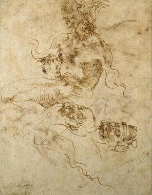 Study of a seated young Man, with head studies, c.1502 (pen & ink on paper) a Michelangelo Buonarroti