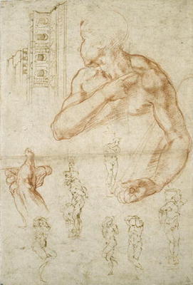 Study of the Assisting Figure of the Libyan Sibyl, c.1512 (red chalk & pen on paper) a Michelangelo Buonarroti