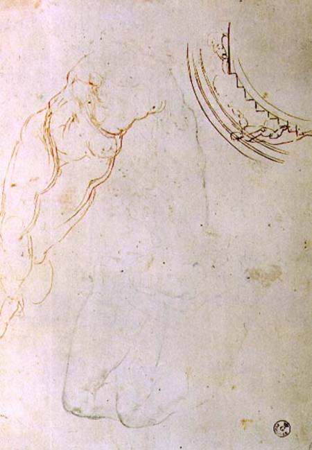 Study of a prone figure with crossed legs and a design for a lunette showing a figure mounting a sta a Michelangelo Buonarroti