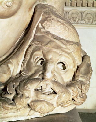 The Tomb of Giuliano de' Medici (1478-1516) detail of the tragic mask under the arm of Night, 1520-3 a Michelangelo Buonarroti