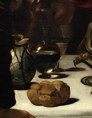 The Supper at Emmaus, 1601 (oil and tempera on canvas) (detail of 928) a Michelangelo Caravaggio