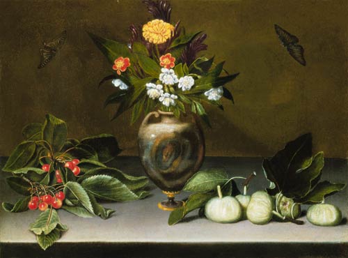 Vaso di fiori con ciligie, fichi e farfalle a Michelangelo Caravaggio