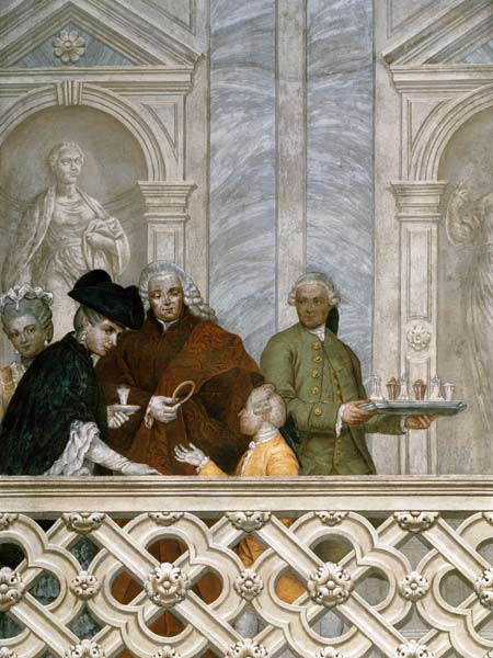Group of five people including a waiter with a plate a Michelangelo Morlaiter