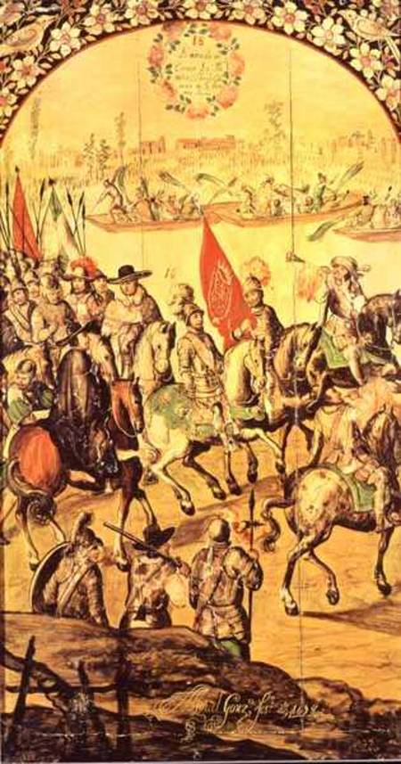 The encounter between Hernando Cortes (1485-1547) and Montezuma (1466-1520) a Miguel and Juan Gonzalez