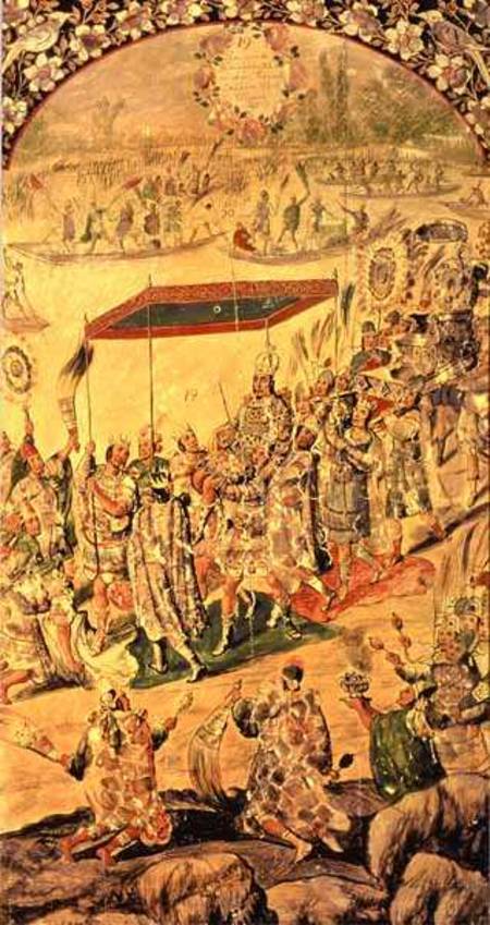 One of a pair of panels depicting the encounter between Hernando Cortes (1485-1547) and Montezuma (1 a Miguel and Juan Gonzalez
