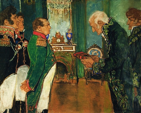 Jean-Baptiste de Lamarck handing the book ''Zoological Philosophy'' to Emperor Napoleon Bonaparte a Mikhail Dmitrievich Ezuchevsky