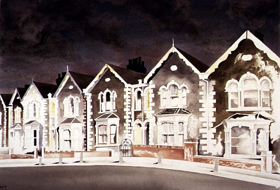 Lurid Sky Behind the Bargeboard Houses, 1998 (w/c on paper)  a Miles  Thistlethwaite