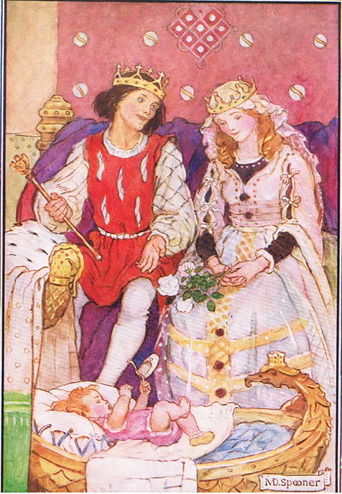 Their baby was in a golden cradle at their feet (from the story The Magic Candles), illustration fro a Minnie Didbin Spooner