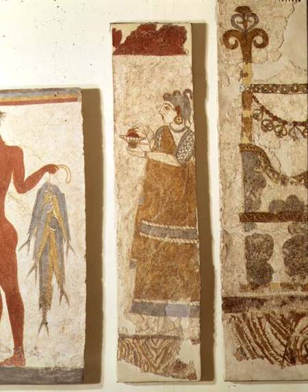 Three wall painting fragments: the 'Fisherman', the 'Priestess' and an 'Ikrion', removed from the We a Minoan