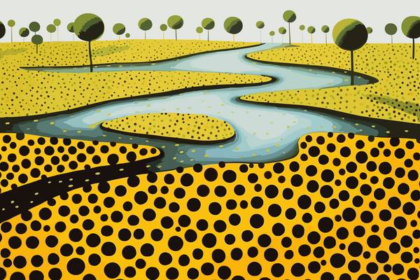 Abstrakte Landschaft mit Fluss, Bäumen und wiesen. Abstrakte Kreise auf gelber Wiese. Traumhafte, ve a Miro May