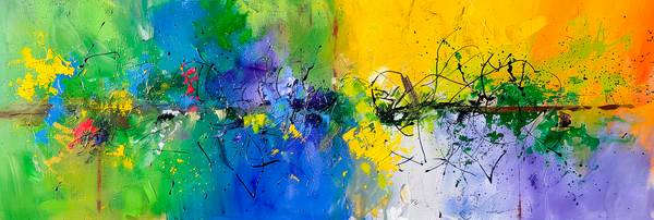 Abstrakte Malerei mit leuchtenden Farben, Grün, Blau, Gelb, Lila, Linien und Spritzern, die eine ene a Miro May