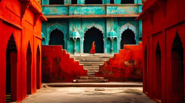 Architektur in Indien. Eine Frau in rot, Rote Arkaden, Tempel und Treppe. a Miro May