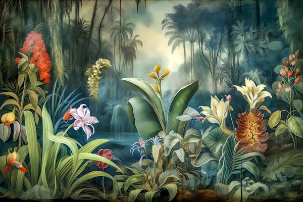 Blumen im Regenwald, Tropischer Wald, bunte Blumen und Pflanzen, Landschaft, Traumhafte Natur a Miro May