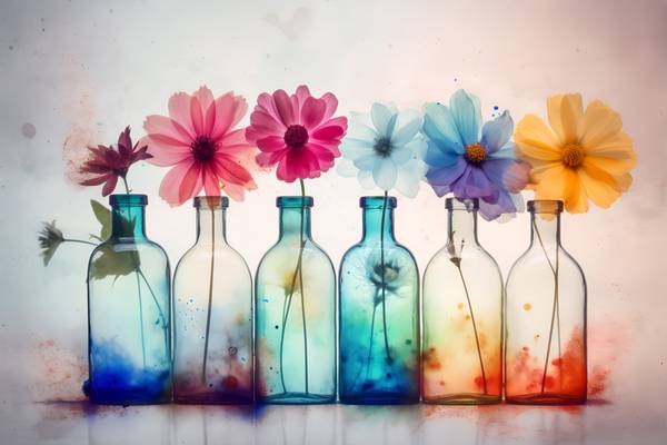 Bunte Blumen in bunten Flaschen, Gemälde, modern, Stillleben, digital a Miro May
