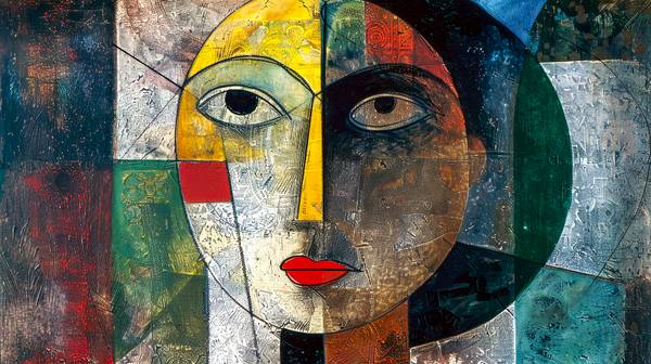 Das Gemälde präsentiert ein abstraktes Porträt einer Frau, das den Stil des Kubismus mit großen Auge a Miro May