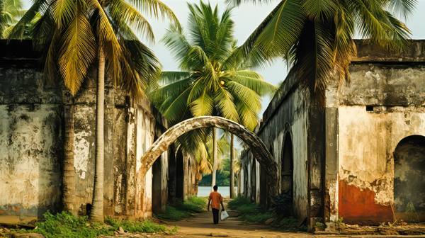 Der Weg zum Fluss. Palmen und alte Gemäuer in Indien a Miro May