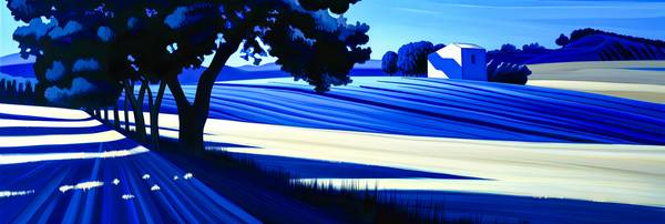 Eine abstrakte Darstellung in kühnen Blau- und Weißtönen. In dieser Landschaftskomposition verschmel a Miro May