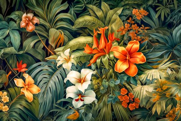 Exotische Blumen im Regenwald, Tropischer Wald, Traumhafte Natur, bunte Blumen und Pflanzen a Miro May