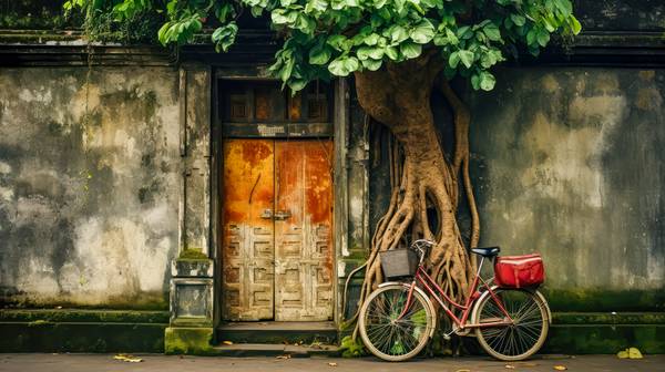 Fahrrad vor einem Tempel in Bali. Alte Tür in Asien a Miro May