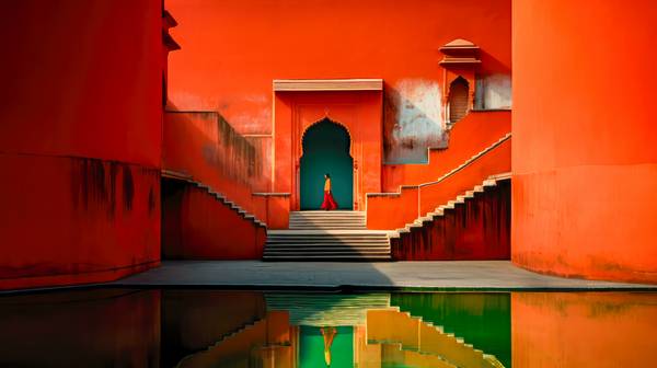 Frau in einem Wassertempel in Indien. Rote Wände und Treppe. Architektur in Indien a Miro May