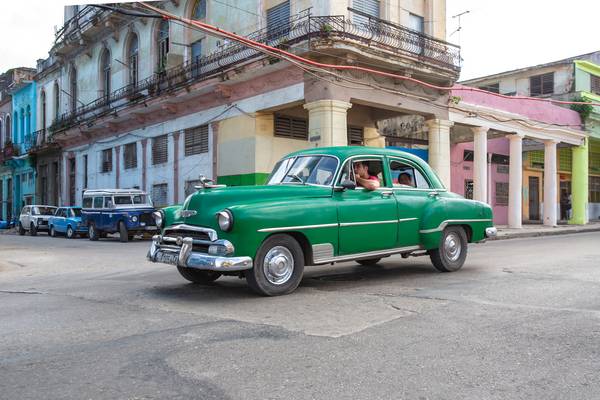 Green Oldtimer in Havana, Cuba. Street in Havanna, Kuba. a Miro May