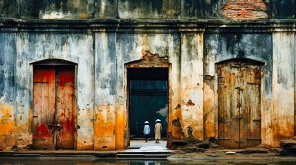 Menschen in der Altstadt von Hanoi. Alte Wände in Vietnam. a Miro May