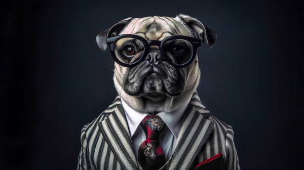 Mops mit Anzug, Krawatte und Sonnenbrille auf dunklem Hintergrund. Haustiere, Hund, Portrait, Hundep a Miro May