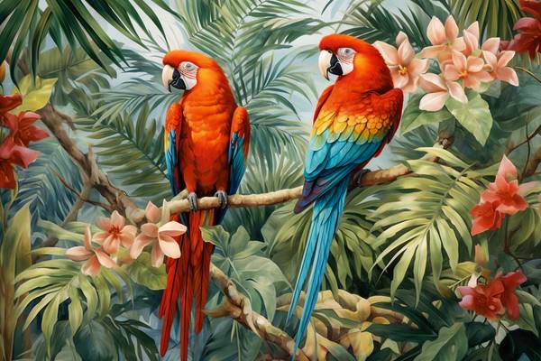 Papageien im Wald, Tropischer Regenwald, Vögel in Natur, Jungle mit Pflanzen und Vögeln a Miro May