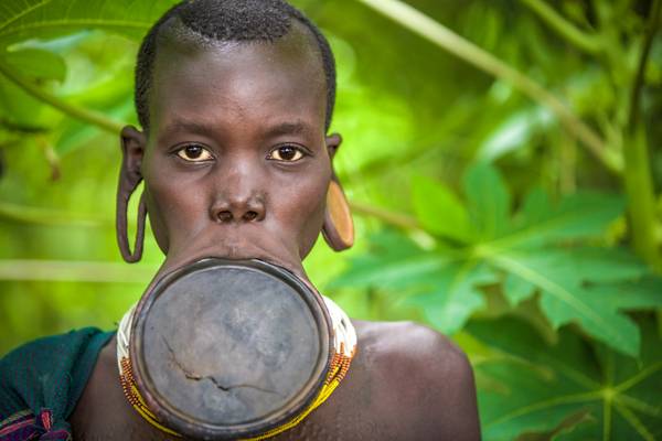 Porträt Frau mit Lippenteller aus dem Suri / Surma Stamm in Omo Valley, Äthiopien, Afrika a Miro May