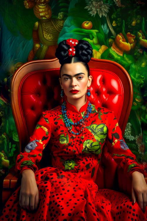 Porträt von Frida Kahloin einem roten Kleid mit grünen Akzenten. a Miro May
