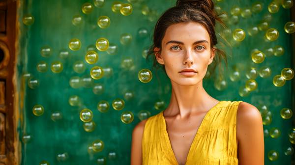 Portrait einer Frau in gelben Kleid und geben Seifenblasen auf grünen Hintergrund. a Miro May