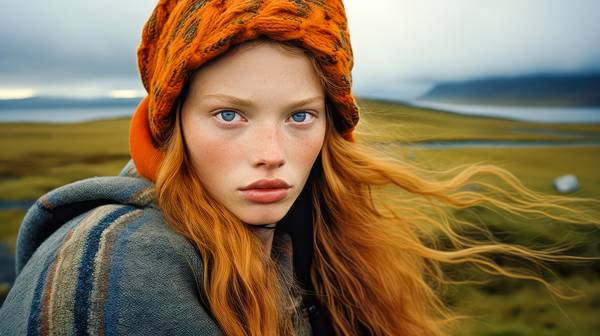 Portrait einer wunderschönen Frau in Island. Rothaarige Frau und die Landschaft a Miro May