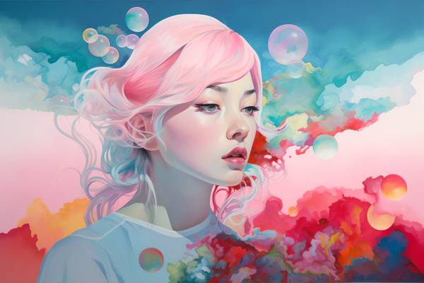Portrait, Frau mit rosa Haaren, Manga, Bunt, Digital a Miro May