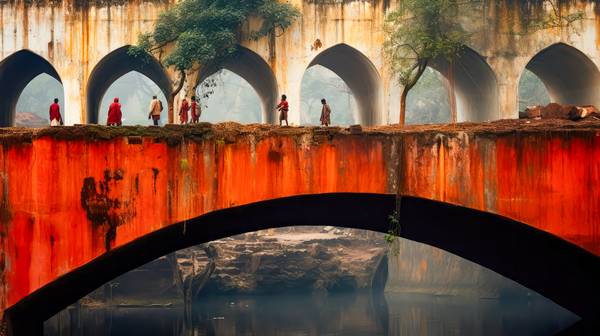 Rote Brücke in Indien. Menschen auf einer alten Brücke. Fluss in Indien a Miro May