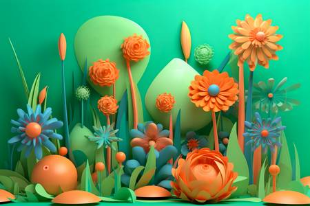 3D abstrakte Blumen in grün und orange, Blumenornament, floral, Natur