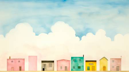 Aquarelle mit bunten Häusern und Wolkenlandschaften, minimalistisch. Digital AI Art.