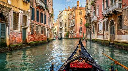 Blick aus einer Gondel auf ein Kanal und bunten Häuser in Venedig 