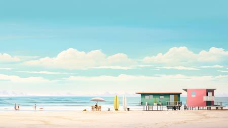 Bunte Aquarelle mit einem Surfer Cafe am Strand. Minimalistisch