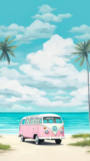 Bunte Aquarelle mit einem VW Bus unter Palmen. Strand, Wolken und Freiheit 