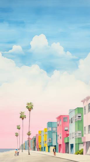 Bunte Aquarelle mit Palmen, Menschen und Strasse in Venice Beach, Kalifornien, USA