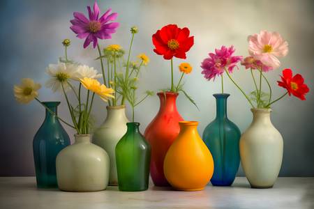 Bunte Blumen in bunten Flaschen, Gemälde, AI, modern, Stillleben, digital !!