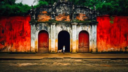 Ein Junge mit einem Hund vor einem Tempel in Vietnam. Farben und Architektur Asiens