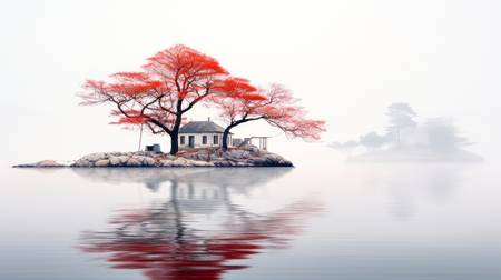 Eine Insel im See mit einem roten Baum und einem Haus mit schöner Wasserspiegelung in japanischen Lo